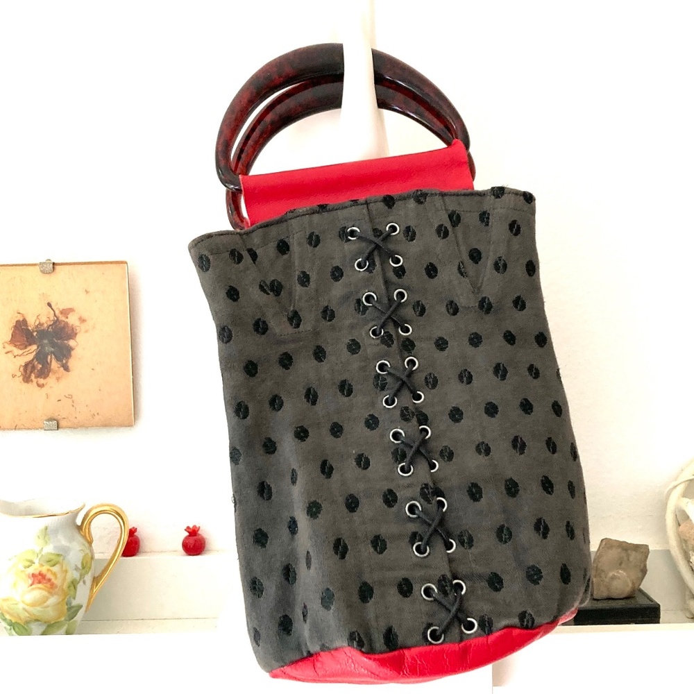 CATHERINE PARRA France Black Canvas Textile Red Leather Top Handle Bag Handmade